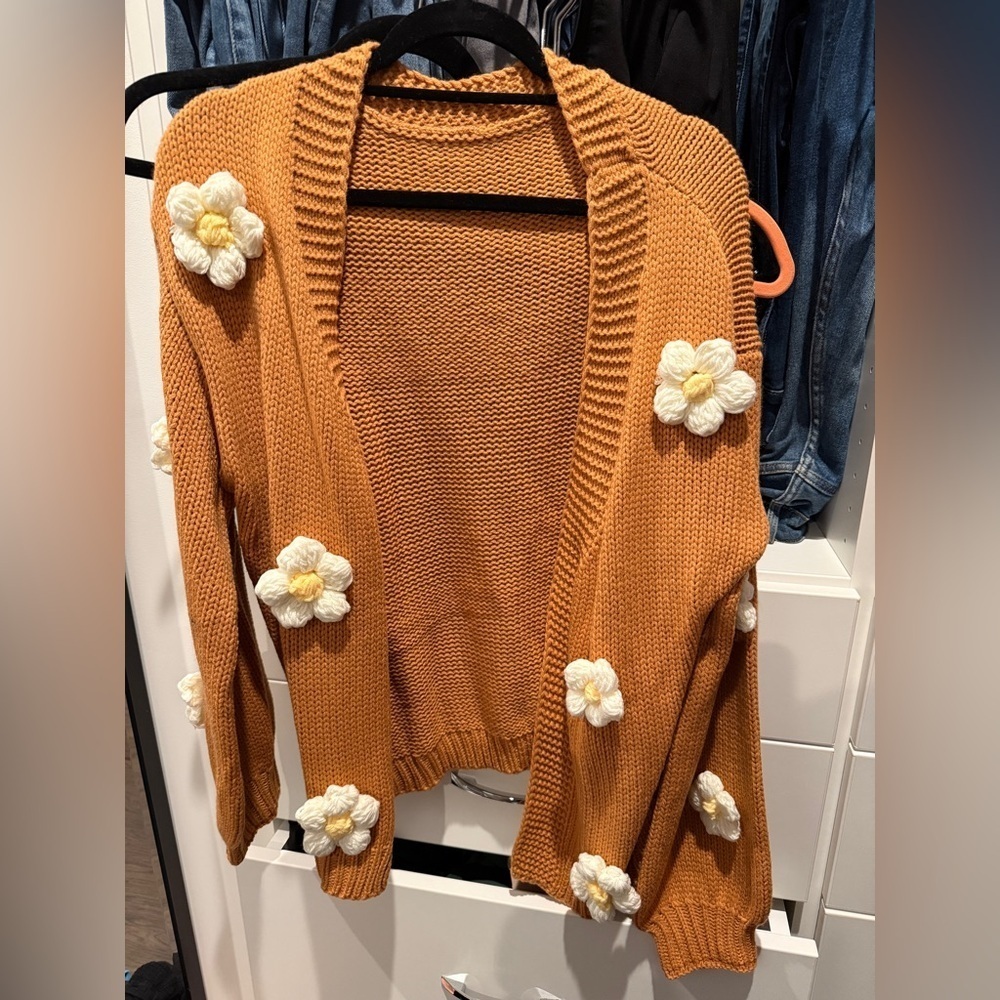 Goodnight Macaroon Camel Colored Cardigan with Floral Accents